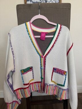 QUEEN OF SPARKLES White Cardigan with Multicolor Trim